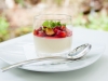 White Chocolate Pannacotta with Strawberry, Strawberry Gel, Honeycomb