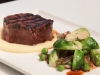 Char-Grilled Eye Fillet with Potato Mousseline, Brussels, Peas and Echalots, Jus